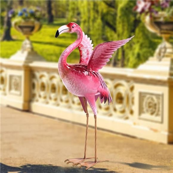 Garden Flamingo Statues and Sculptures, Outdoor Metal Bird Yard Art, Pink - Picture 1 of 7